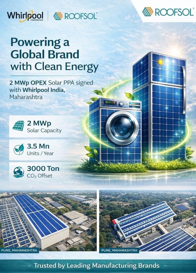 Roofsol Energy Signs 2 MWp OPEX PPA with Whirlpool of India Ltd